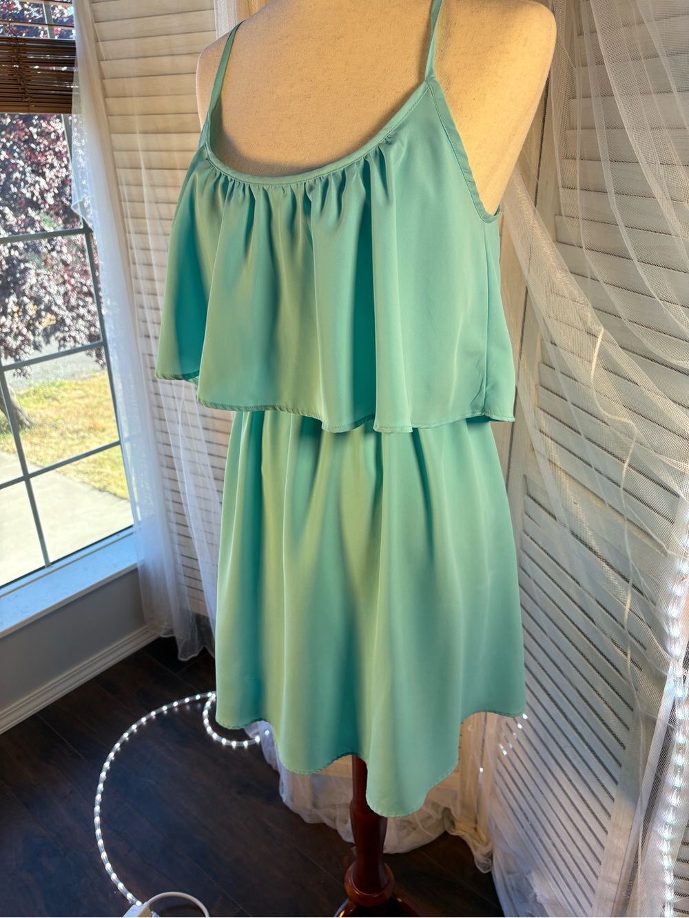 Fun & Flirt Aqua Ruffle-Front Spaghetti Strap Mini - Picture 2 of 5